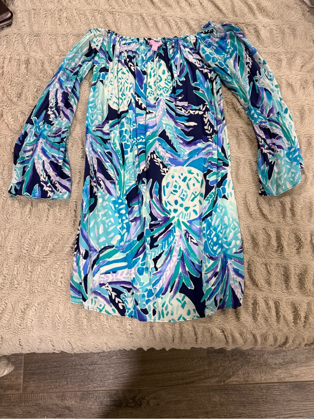 Lilly Pulitzer Off-Shoulder Long Sleeve Floral Dress in Blue and Turquoise